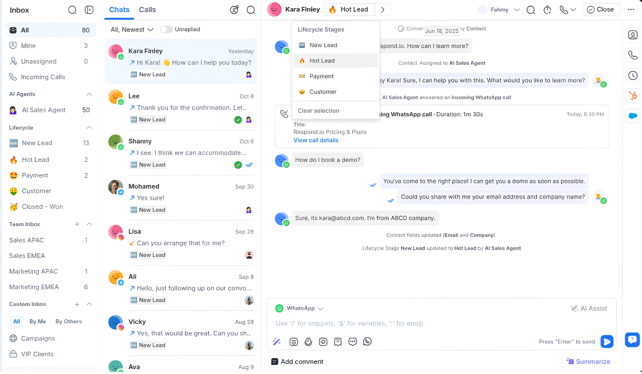 AI Customer System — unified inbox managing leads across WhatsApp, Instagram, TikTok, Facebook and 40+ channels
